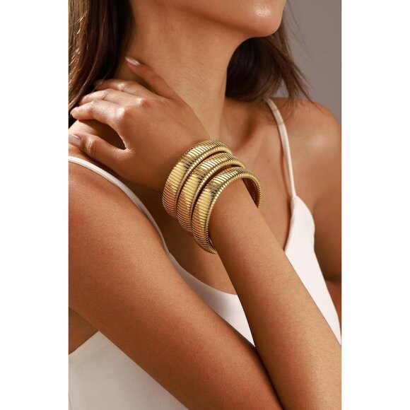 Gold Bangle Set 3 Chunky Stretch 24K Gold 16mm Plated Stainless Steel Wide Stack - Picture 5 of 6